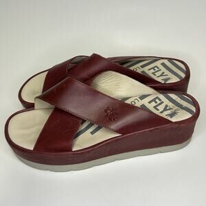 FLY London Slip On Sandals Wedge Red Leather Platform Womens Size 40 9.5
